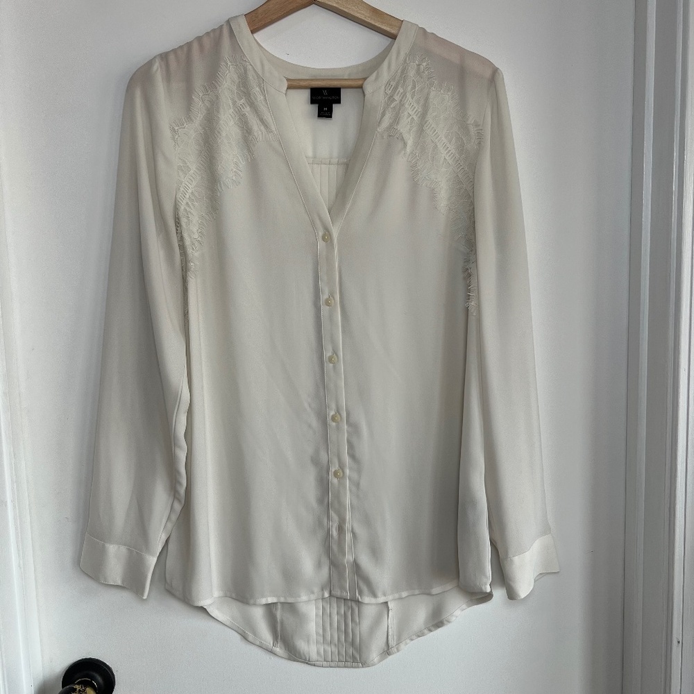 Worthington White Satin Lace Button Up Long Sleeve Blouse, Size Medium